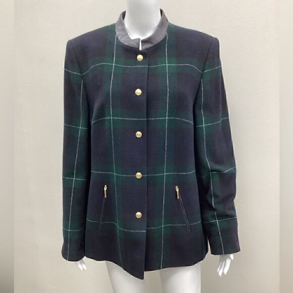 VINTAGE BASLER plaid blazer with leather trim size 4 - Picture 1 of 6